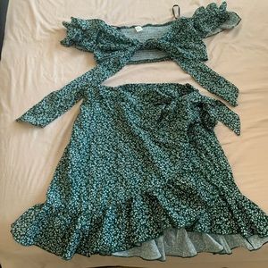 Green floral crop top and wrap around skirt set